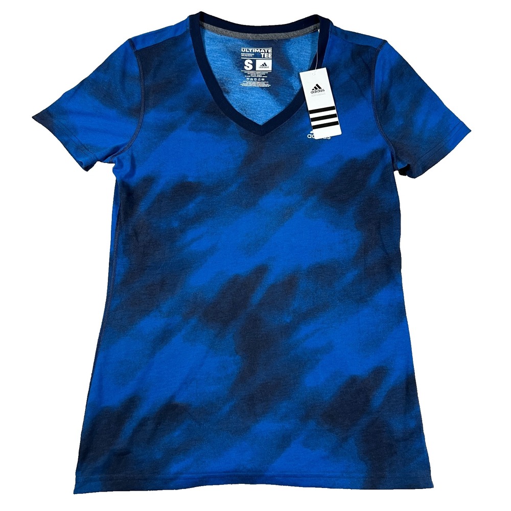 Adidas Womens Small Blue Tie-Dye V-Neck Classic Performance Ultimate T Shirt NWT